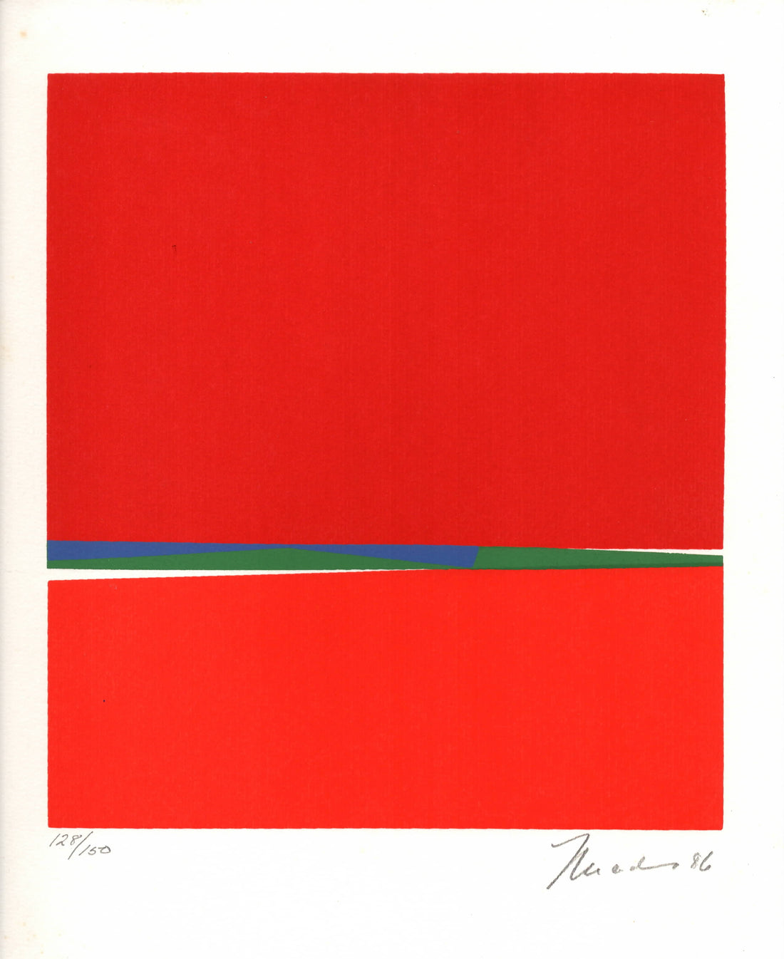 Handmade print by Mercedes Pardo. Abstract modernist art. a field of red with a line oif geometric shapes in blue and green. Signed.