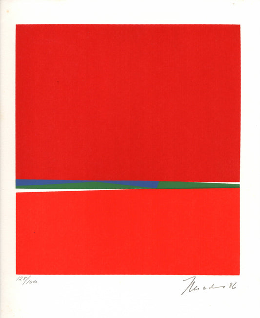 Handmade print by Mercedes Pardo. Abstract modernist art. a field of red with a line oif geometric shapes in blue and green. Signed.