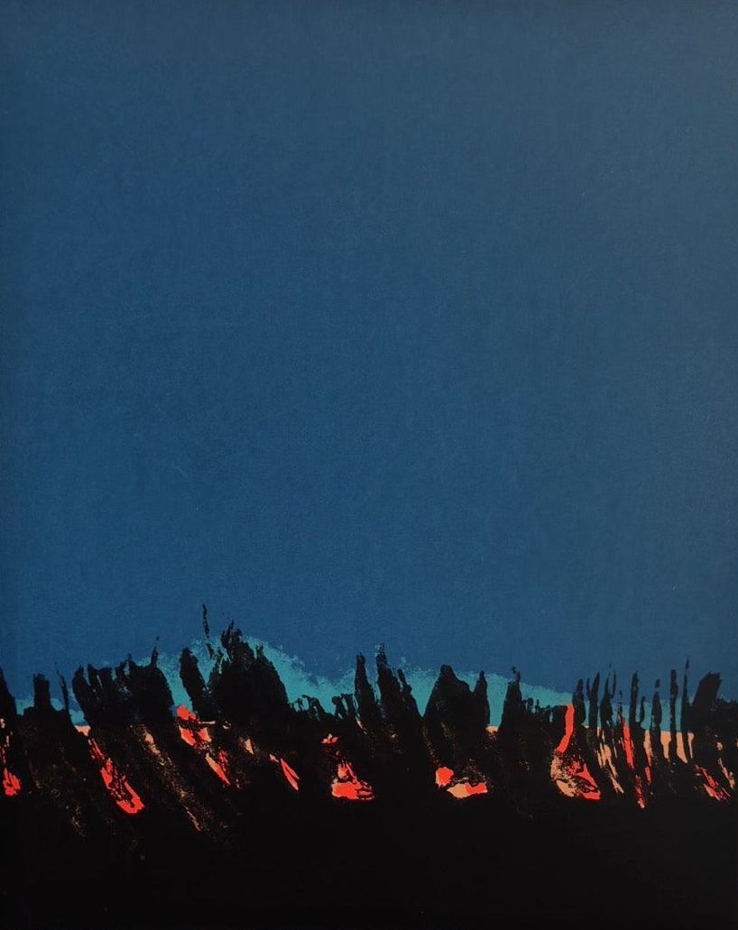 Print by Luisa Palacios. Abstract modernist, blue field with abstract illustrations in black and red and orange accents. 