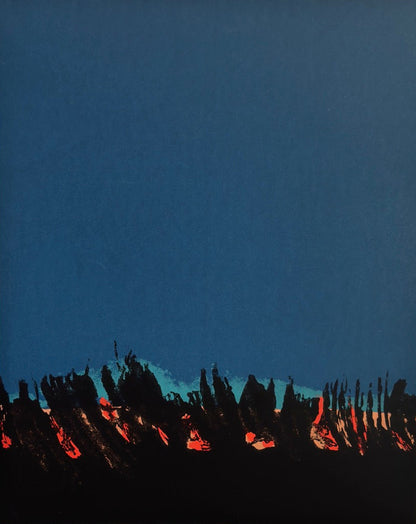 Print by Luisa Palacios. Abstract modernist, blue field with abstract illustrations in black and red and orange accents. 